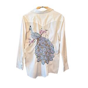 ATA Vintage 70s Authentic Western Pearl Snap Shirt Embroidered Peacock Floral Yo